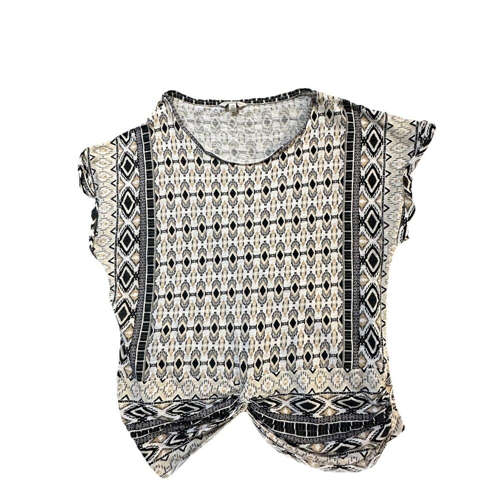 Lucky Brand Boho Geometric Print Top Women’s Large Short Sleeve Twist Hem